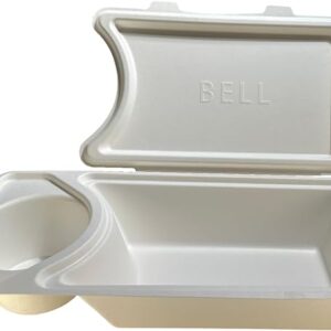 BELL BOWLS Disposable Clamshell Food Containers 8” x 6” (25 count), Sugarcane Bagasse, Hinged Hot/Cold Food box with Cup Holder for lightweight COLD beverage, Ideal for carryout meals or entertaining